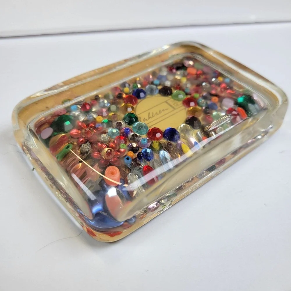 Vintage Lucite Paperweight Multicolored Rhinestones Beads Felt Backing 4